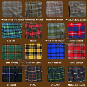 May include: A grid of sixteen different tartan patterns, each with a unique color scheme and name. The tartans include variations of red, green, blue, yellow, and brown, with names like "Weathered Black Watch," "Lamont," and "Royal Stewart." The "Celtic Heritage" logo is visible.