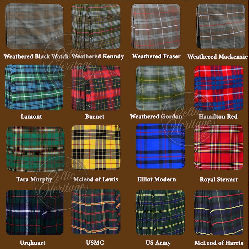 May include: A grid of sixteen different tartan patterns, each with a unique color scheme and name. The tartans include variations of red, green, blue, yellow, and brown, with names like "Weathered Black Watch," "Lamont," and "Royal Stewart." The "Celtic Heritage" logo is visible.
