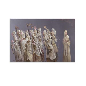 May include: An artistic painting depicts a group of figures in flowing, cream-colored robes, some with raised hands. The figures are set against a muted gray background. The artwork evokes a sense of mystery and historical or religious themes.