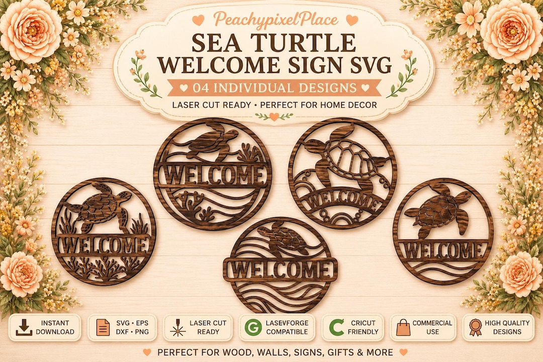 Sea Turtle Welcome Sign SVG Bundle | Coastal Door Hanger Laser Cut ...