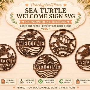 Sea Turtle Welcome Sign SVG Bundle | Coastal Door Hanger Laser Cut Files | Beach Decor Glowforge Cricut CNC DXF Eps
