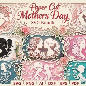 Puede incluir: Una colección de diseños recortados en papel para el Día de la Madre. Los diseños presentan siluetas de madres e hijos, enmarcadas por patrones florales y de hojas. La paleta de colores incluye rosa, blanco y negro. Se muestra el texto "Paper Cut Mothers Day SVG Bundle".