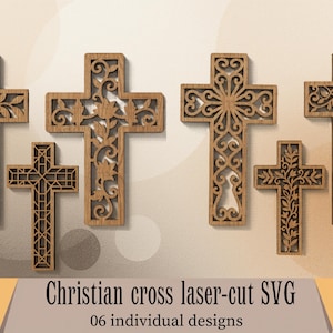 May include: Six intricately designed wooden crosses with various floral and geometric patterns. The crosses are laser-cut, showcasing detailed craftsmanship. The image includes the text "Christian cross laser-cut SVG" and "06 individual designs".