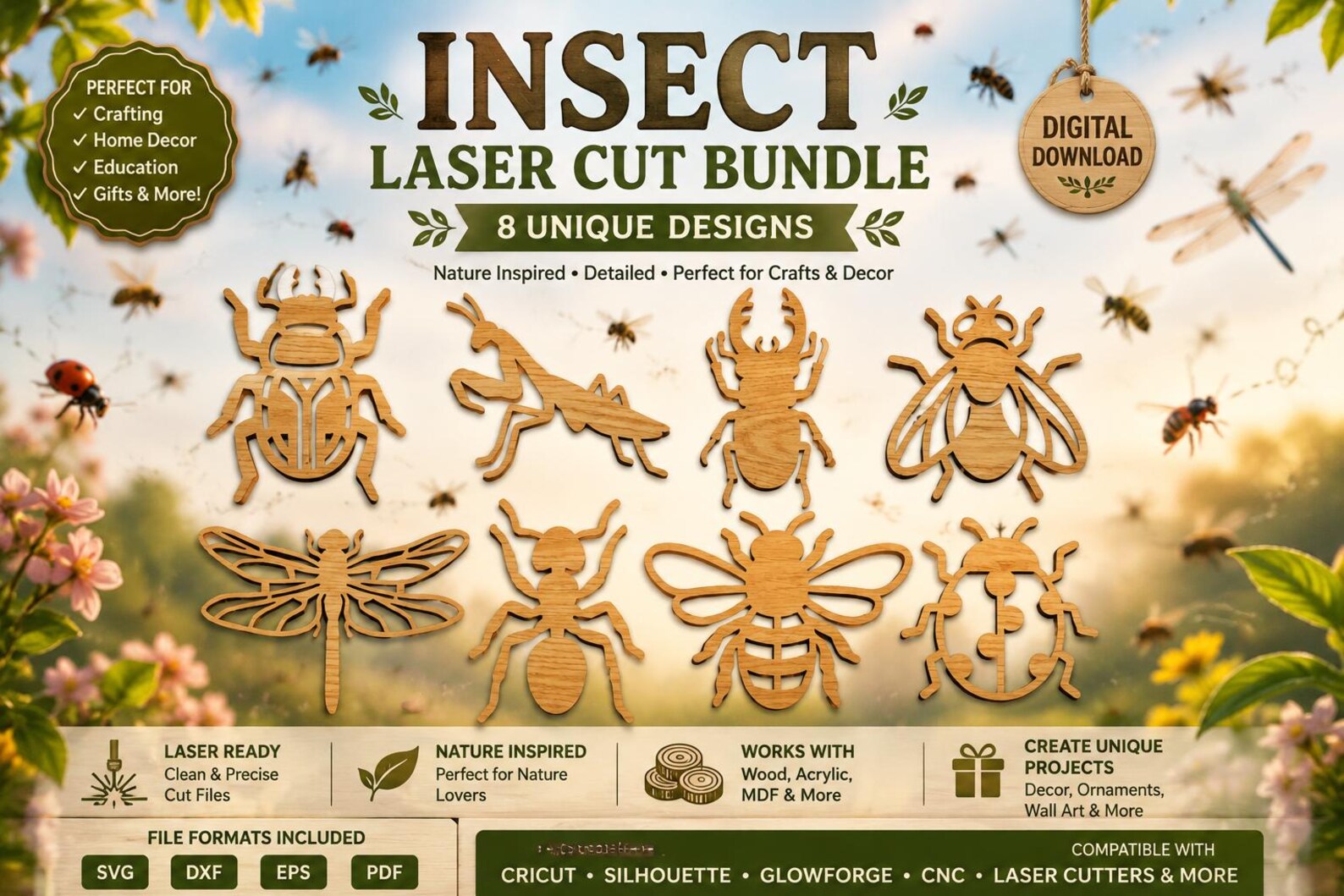 Insect Laser Cut SVG Bundle | Bug SVG Files for Glowforge | Bee ...