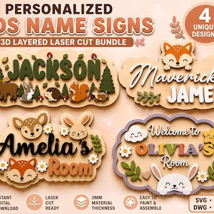 Könnte beinhalten: Vier 3D-geschichtete, lasergeschnittene Namensschilder für Kinder mit Waldtieren wie Füchsen, Rehen und Kaninchen. Die Schilder enthalten Texte wie Jackson, Maverick James, Amelia's Room und Olivia's Room sowie dekorative Elemente wie Bäume, Pilze, Blumen und Sterne.