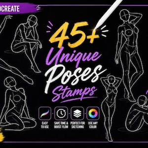 Op de afbeelding: Digitaal kunstproduct met 45+ unieke pose-stempels voor Procreate. De afbeelding toont lijntekeningen van menselijke figuren in verschillende poses, met de tekst "Unique Poses Stamps". Bevat een brushset-bestand voor kunstenaars en ontwerpers.