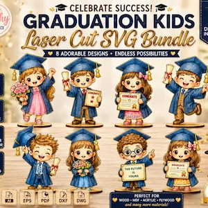 Könnte beinhalten: Ein digitales Set aus acht lasergeschnittenen SVG-Designs mit Zeichentrickkindern in blauen Abschlusskappen und Roben. Die Grafiken zeigen Kinder mit Diplomen, Blumen und Schildern mit Texten wie CONGRATS und THE FUTURE IS YOURS.
