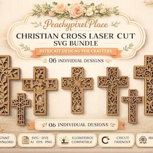 May include: A digital graphic featuring six brown laser-cut Christian cross designs with intricate filigree patterns. The text reads Peachypixel Place, CHRISTIAN CROSS LASER CUT SVG BUNDLE, INTRICATE DESIGNS FOR CRAFTERS, 06 INDIVIDUAL DESIGNS, INSTANT DOWNLOAD, SVG-DXF AI EPS-PNG, GLOWFORGE COMPATIBLE, CRICUT FRIENDLY, HIGH QUALITY DESIGNS.
