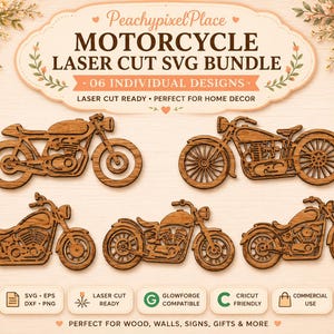 May include: A digital bundle of six laser cut motorcycle designs in a brown wood grain texture. The text reads PeachypixelPlace MOTORCYCLE LASER CUT SVG BUNDLE 06 INDIVIDUAL DESIGNS. Icons indicate file formats including SVG, EPS, DXF, and PNG.