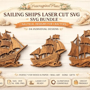 Segelfartyg laserskurna filer svg | Nautisk väggkonst | Piratskeppssilhuett | Glowforge Cricut DXF EPS PDF | Digital nedladdning av kustnära