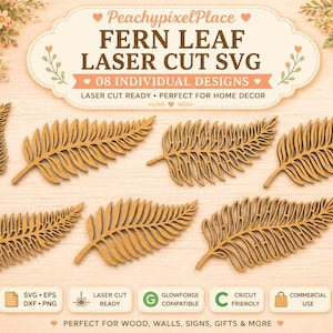 Puede incluir: Un conjunto de archivos digitales con ocho diseños distintos de hojas de helecho marrones para corte láser. El texto dice PeachypixelPlace FERN LEAF LASER CUT SVG 08 INDIVIDUAL DESIGNS LASER CUT READY PERFECT FOR HOME DECOR INSTANT DOWNLOAD SVG EPS DXF PNG GLOWFORGE COMPATIBLE CRICUT FRIENDLY COMMERCIAL USE HIGH QUALITY DESIGNS.