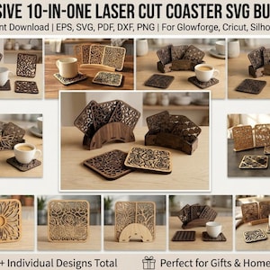 May include: A collection of laser-cut wooden coasters with various decorative designs, including floral and geometric patterns. The image showcases multiple coaster sets with matching holders, alongside cups of coffee. The text reads "MASSIVE 10-IN-ONE LASER CUT COASTER SVG BUNDLE".