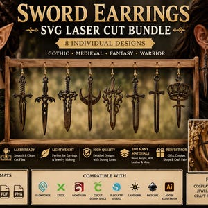 May include: A digital bundle of 8 sword earring designs for laser cutting, featuring dark brown wooden sword-shaped pendants with intricate details. The display shows the earrings hanging on a wooden rack with text labels and software icons.