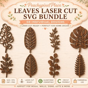 May include: A digital graphic featuring eight dark brown laser-cut leaf designs arranged in two rows. The text reads Peachypixel Place LEAVES LASER CUT SVG BUNDLE 08 INDIVIDUAL DESIGNS. The background is a light wood grain with floral accents.