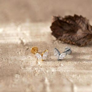 Titanium Double Marquise CZ Labret Stud, Heart Cartilage Helix Tragus Conch Piercing Jewelry