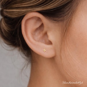 Könnte beinhalten: Ein goldfarbener Stern-Ohrstecker. Der Ohrring hat ein kleines, vierzackiges Stern-Design. Der Ohrring wird am Ohr einer Person mit heller Haut und hellbraunem Haar getragen. Der Hintergrund ist unscharf.