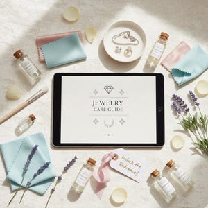 May include: Overhead image of jewellery care items, including a tablet displaying "Jewelry Care Guide", cleaning cloths, small bottles, jewellery, and lavender sprigs. The tag reads "Unlock the Radiance!"