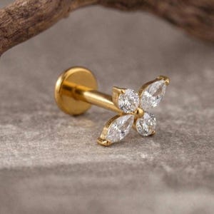 Gold Titanium CZ Star Flat Back Stud Earring, Helix Tragus Cartilage Labret Piercing