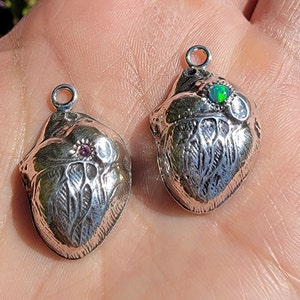 Handmade Sterling Silver Anatomical Heart Pendant with Opal or Sapphire With Fine Detail