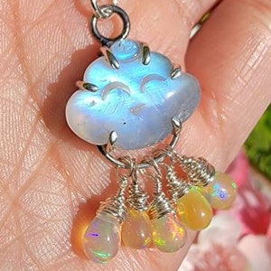 Handmade Moonstone Sterling Silver Large Happy Cloud with Opal Raindrops