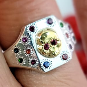 ハンドメイドのスカルシグネットリング。ミックスメタル、コンフェッティ、ジェムストーン、18Kソリッドゴールドとスターリングシルバー。