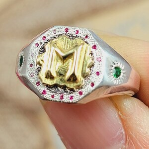 Custom Initial Signet Ring, Gold Letter Ring, Mixed Metal 18k Solid Gold & Sterling Silver, Ruby Tsavorite Garnet, Made to Order