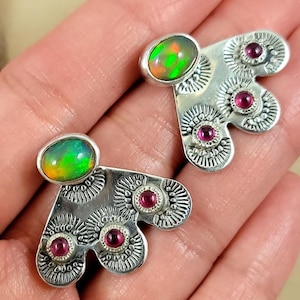 Handmade Opal Earring  Sterling Silver Jacket with Turquoise, Ruby, Moonstone Precious Gemstone