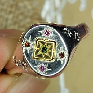 Handmade Celestial Signet Ring 18k Solid Gold Sterling Silver Mixed Metal Ring with Gemstones