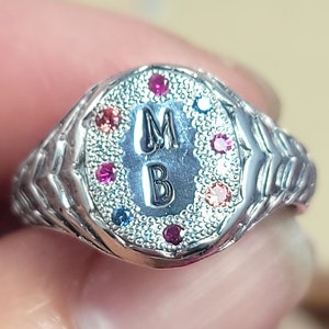 Handmade Initial Signet Sterling Silver Ring with Customized Initials with Rubies and Sapphires