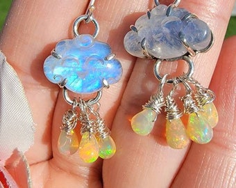 Medium moonstone cloud earrings with opal raindrops
