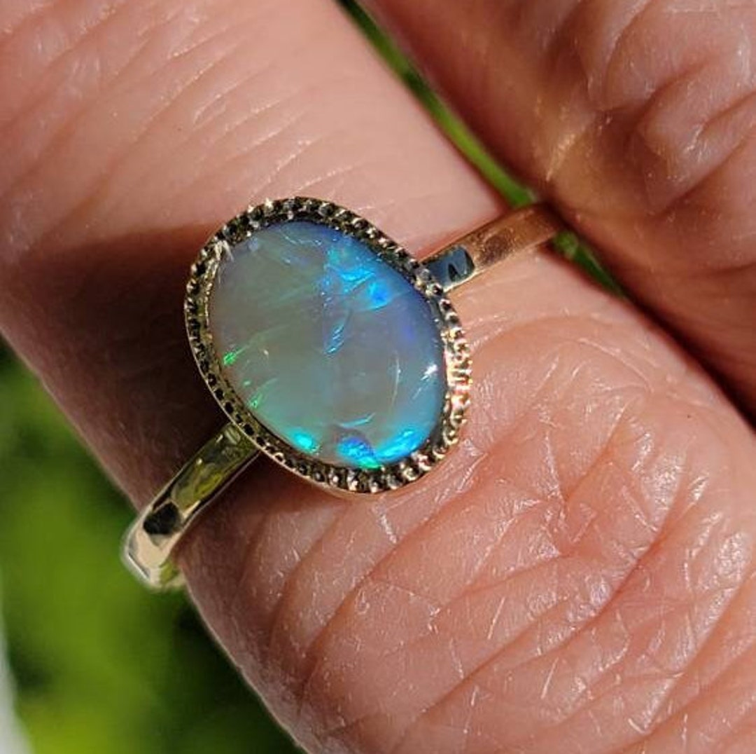 Blue Green Australian Opal 18k Solid Gold Stacking Ring With Textured