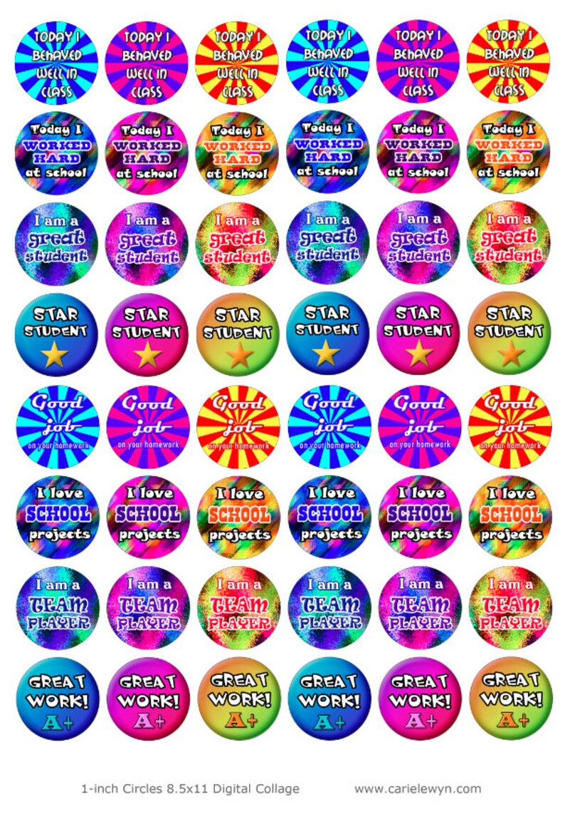 School Images for Teachers Printable 1-Inch Circles Back to School Elementary School Great Job Star Student Good Work A+
