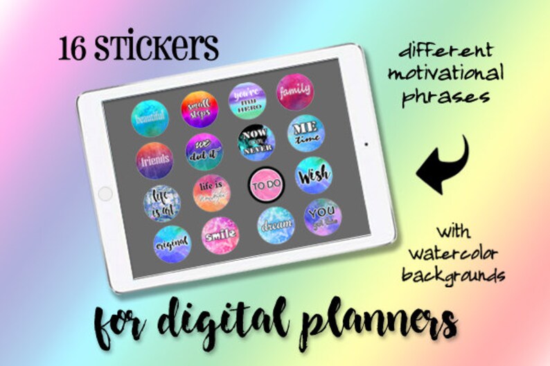Digital Planner Stickers Motivational Phrases with Watercolor Background pre-cropped Png format transparent background for Goodnotes