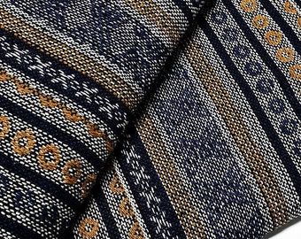 Verada-Thai Woven Cotton Fabric: Beige & Blue Geometric Tribal Textile WF188