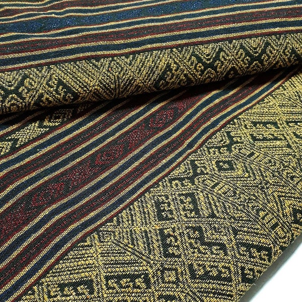 Thai Woven Fabric, yellow, green, Geometric, Tribal, Native Cotton, Ethnic, Craft Supplies, Woven Textile 1/2 yard, (WFF207)