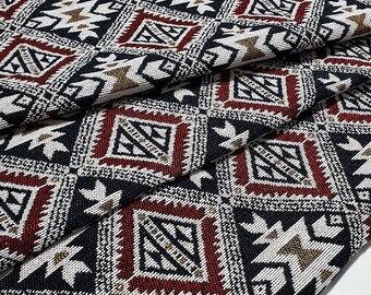 Thai Woven Fabric,white red & black Geometric pattern Tribal Native Ethnic Aztec Craft Supplies Textile 1/2 yard,(WFF210)