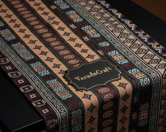 Tela de algodón tejida tailandesa Verada: Textil tribal geométrico negro y beige WFF173