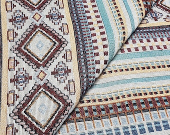 Colorful brown blue Thai Woven Fabric,Geometric Tribal Native Cotton by the yard,Ethnic Craft Supplies Woven,Textile 1/2 yard,(WFF282)