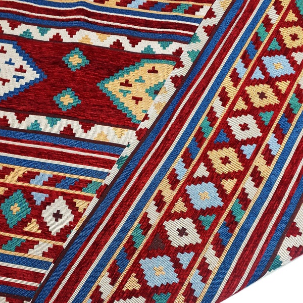 Veradacarft, rouge, bleu, tissu tissé thaïlandais, motif géométrique, aztèque, tribal, indigène, coton, ethnique, fournitures créatives, 1/2 mètre, (WFP2)