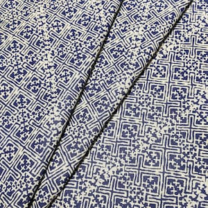 May include: Blue and white fabric with a geometric pattern. The fabric has a woven texture and a subtle sheen.