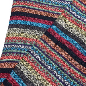 May include: Multicolored striped fabric with a geometric pattern. The fabric is woven with a variety of colors, including red, orange, yellow, green, blue, and black.