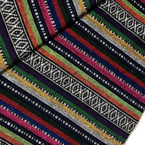 May include: Colorful striped fabric with a black and white geometric pattern. The fabric is woven with a variety of colors, including red, green, blue, yellow, and pink.