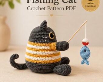 Crochet Cat Pattern PDF, Fishing Cat Amigurumi, Kitten with Fishing Rod and Fish