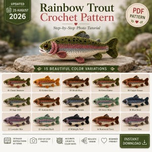 May include: A digital crochet pattern for a rainbow trout, featuring text "Rainbow Trout Crochet Pattern" and "Updated 25 August 2026". The image displays a crocheted fish and a grid of 15 color variations, including Classic Rainbow and Midnight Pearl.