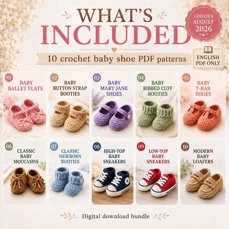 Patrón de ganchillo para patucos de bebé en PDF, patrón de zapatos de bebé a ganchillo, 10 diseños de patucos y zapatillas para recién nacidos imagen 3