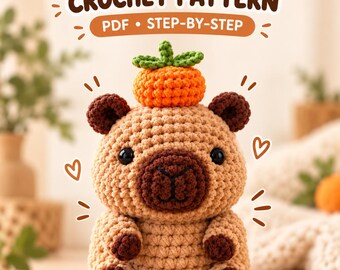 Wzór na szydełkową kapibarę w formacie PDF, wzór na amigurumi kapibary, pluszowa maskotka na biurko z szenili w kolorze pomarańczowym, prosty samouczek krok po kroku
