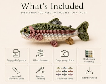 Patrón de ganchillo de trucha arcoíris en PDF, peluche amigurumi de pez realista, regalo de decoración para pescadores, ganchillo para amantes de la naturaleza estilo cottagecore, descarga instantánea.