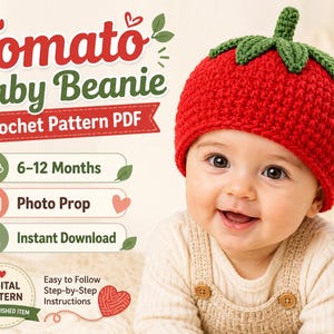 Gehaakte babymuts tomaat pdf, pasgeboren foto prop hoed, zelfstudie fruit babymutsje, haken voor beginners, direct downloaden