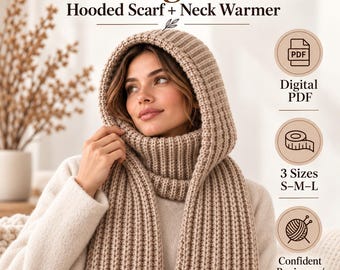 Balaclava Knitting Pattern, Hooded Scarf Knitting Pattern, Neck Warmer Knit PDF, Half Fisherman Rib Winter Hood