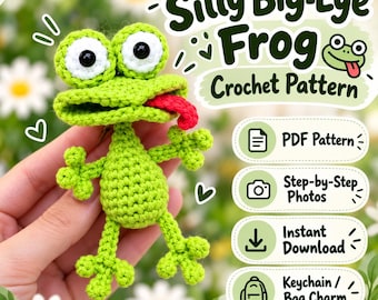 Wzór na szydełkową żabę Leggy w formacie PDF, brelok z żabą amigurumi bez szycia, zawieszka do małej torebki